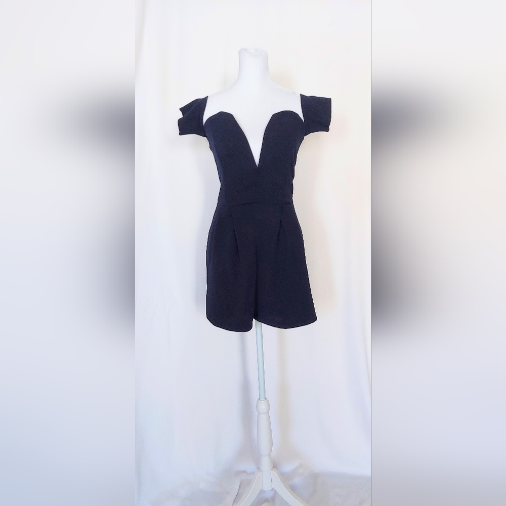 Charlotte Russe Plunge Front Off The Shoulder Pleated Romper Womens Medium Blue